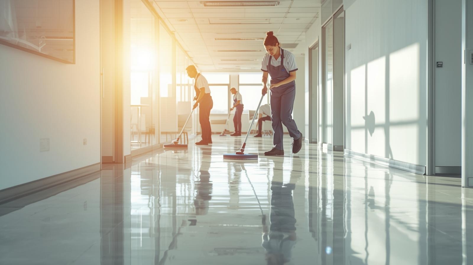 A vibrant and clean office space with sunlight streaming in, showcasing a professional cleaning team meticulously maintaining workplace hygiene. The image should convey efficiency and thoroughness in fl (1)